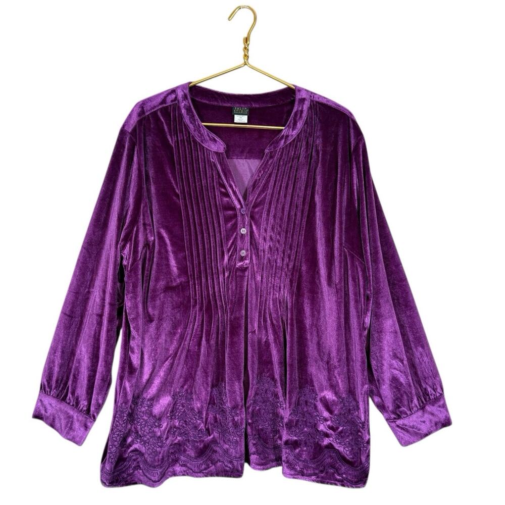 Salon Studio Purple Velvet Embroidered Babydoll Top 2X Cottagecore Glam